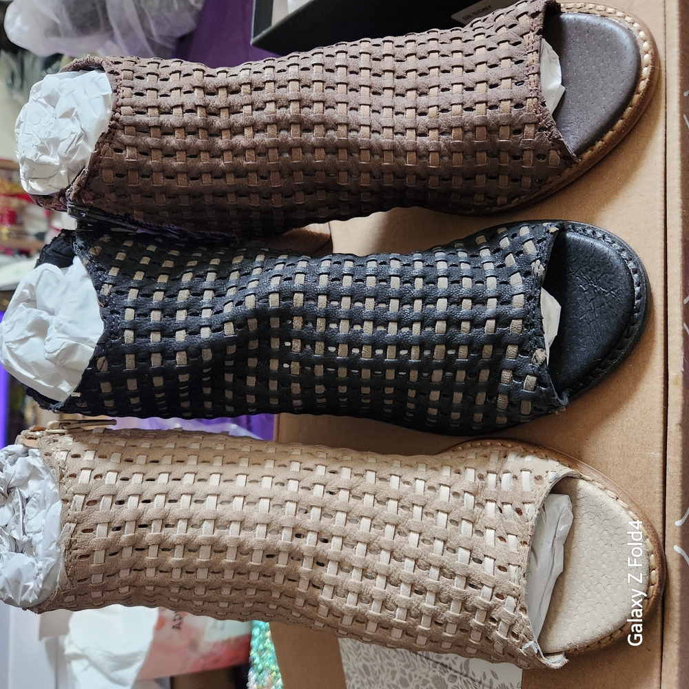 Woven Peep-Toe Ankle Boots - Black, Brown, Tan